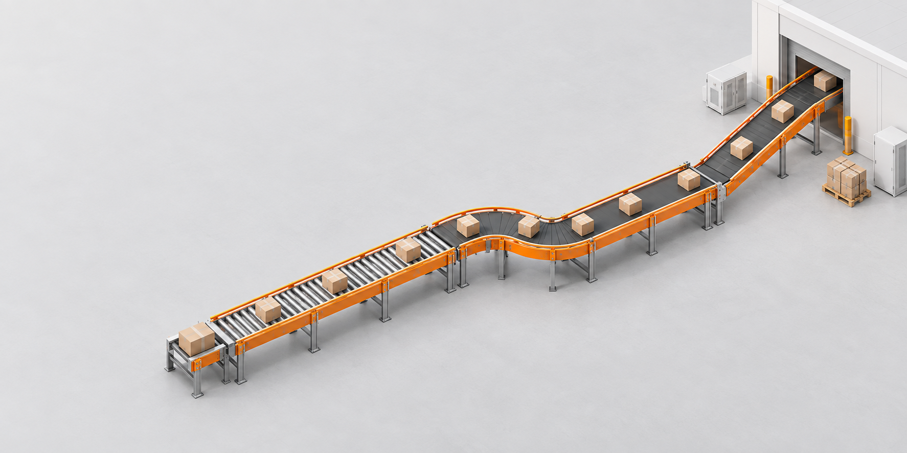 Conceptual conveyor line with rollers, a curve and an incline